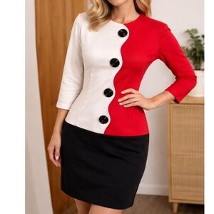 Vintage CW Dress Red White‎ Black Colorblock Made in USA Wiggle Dress  M 1980s